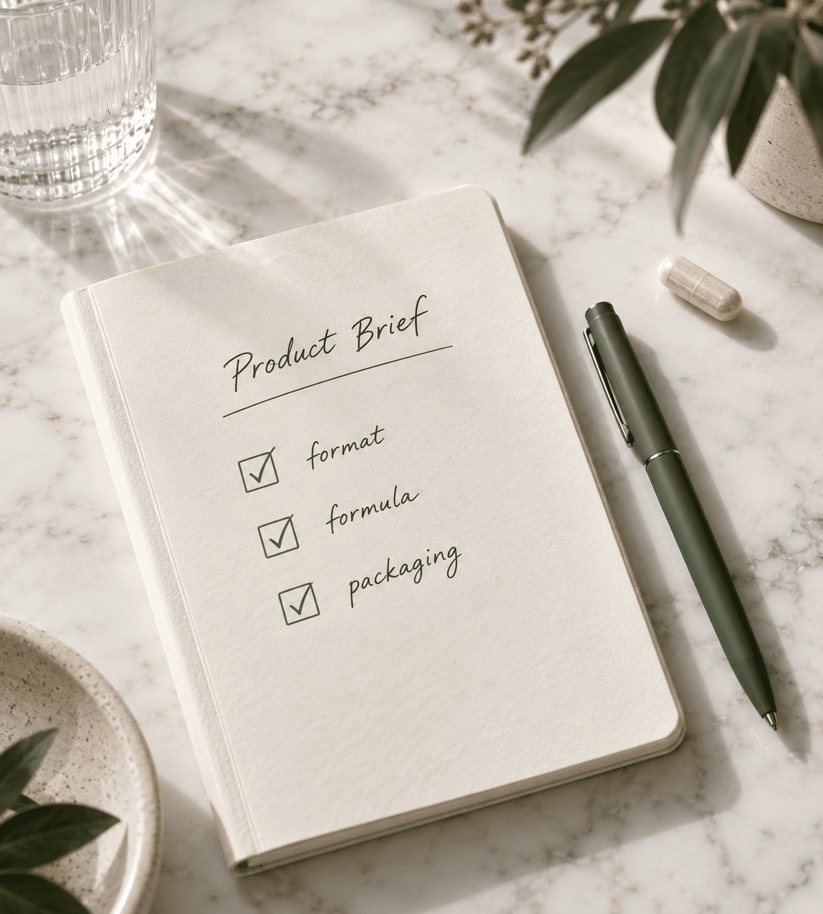 Illustrative product brief notebook with capsule project planning notes