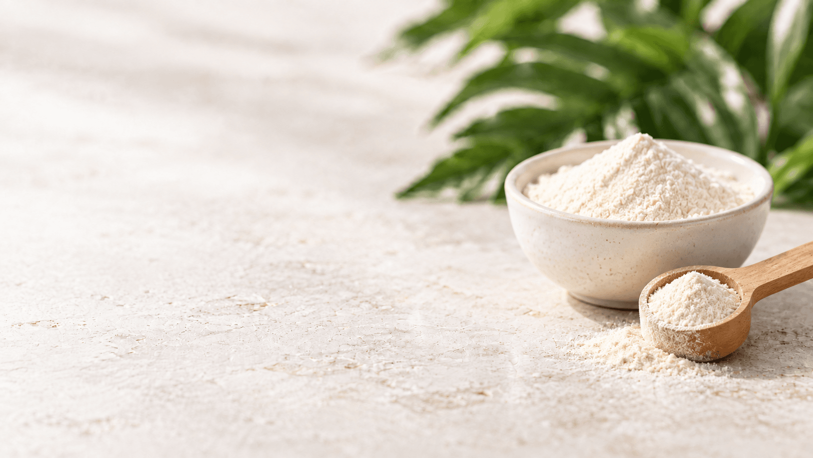 Fine supplement powder in a ceramic bowl with a wooden measuring scoop on a stone tabletop