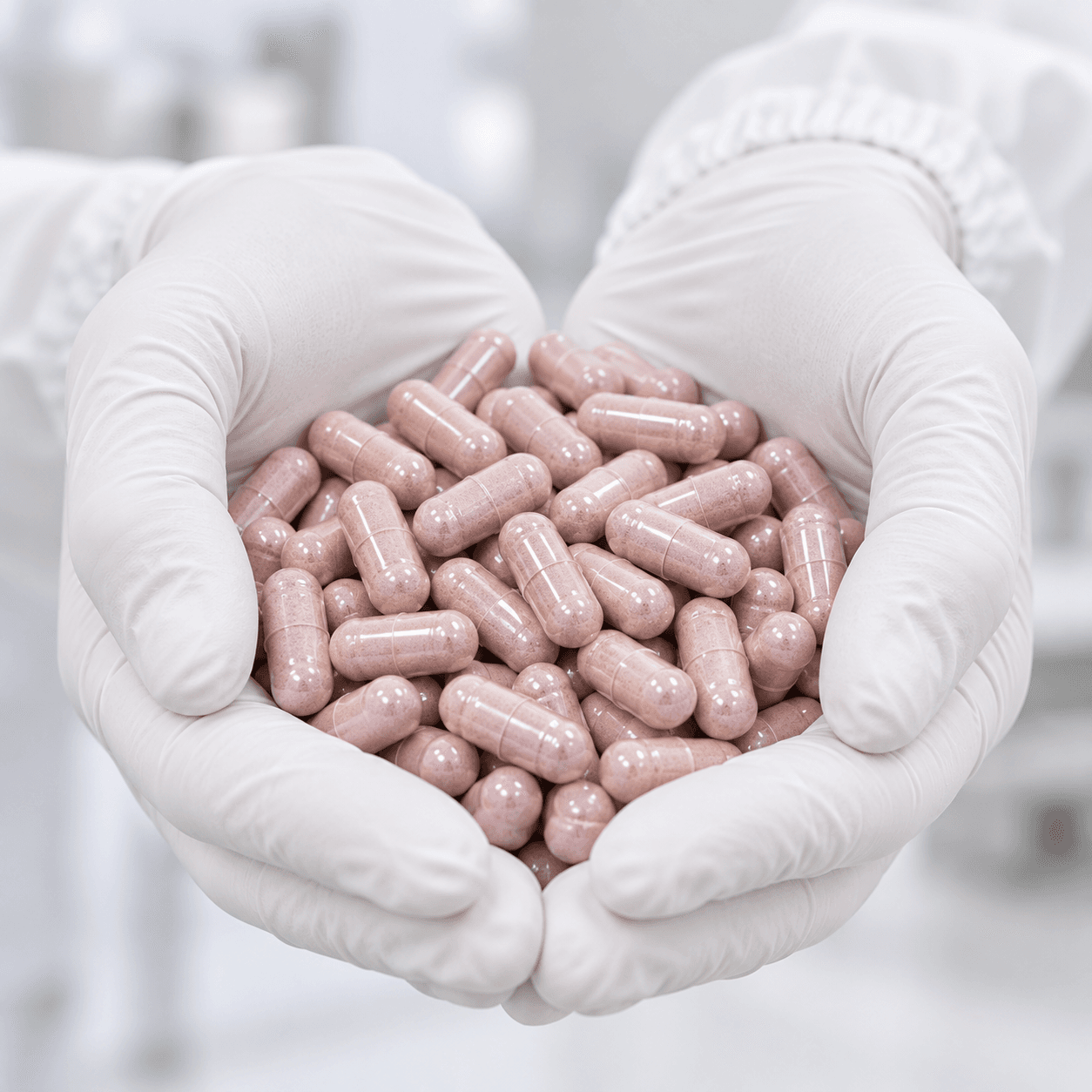 Gloved hands holding supplement capsules